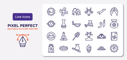 india outline icons set. thin line icons such as telugu language, assam, oil lamp, ratha-yatra, e, krishna janmashtami, indian sweets, bengali language vector.