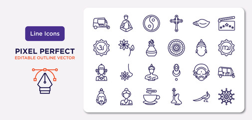 india outline icons set. thin line icons such as ricksaw, biju janata dal, tandoori, indra, yakshagana, indian tea, peacock, mandala vector.