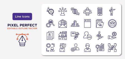 human resources outline icons set. thin line icons such as human resources, application, company, cv, career, behavioral competency, analysis, multitask vector.