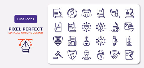 Fototapeta na wymiar gdpr outline icons set. thin line icons such as code of conduct, transparency, gdpr, gear, pendrive, address, profiling, rectification vector.