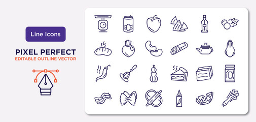 gastronomy outline icons set. thin line icons such as scales, gin, beans, spice, lasagne, dough, lime, leek vector.