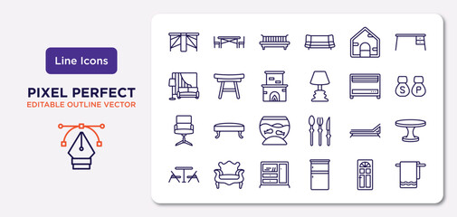 furniture & household outline icons set. thin line icons such as gateleg table, dog, fireplace, office chair, lounger, cupboard, door, towel vector.