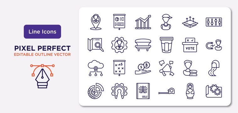 general outline icons set. thin line icons such as placement, product release, solarium, internet of things, user data, x-ray, matryoshka, prototyping vector.