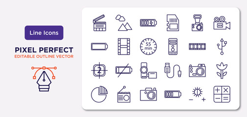 Fototapeta na wymiar electronic stuff fill outline icons set. thin line icons such as clapperboard, old camera, minute countdown, video file list, digital camera, photograph, brightness option, calculating vector.