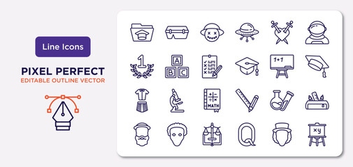 education outline icons set. thin line icons such as folder, romeo and juliet, exam, uniform, test tubes, law, eugene onegin, easel vector.