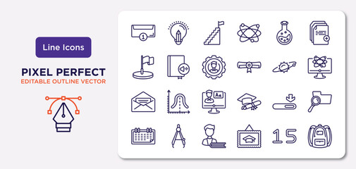 Fototapeta na wymiar education outline icons set. thin line icons such as new email, full test tube, users tings, open email, window scrolling medium, student and books, numbers, school bag vector.