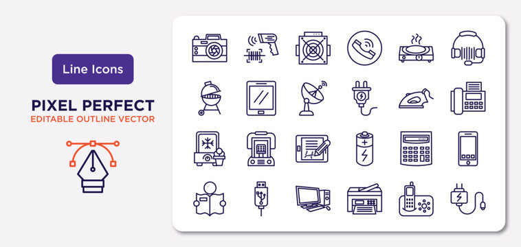 electronic devices outline icons set. thin line icons such as photo camera, hot plate, satellite dish, ice cream maker, calculator, desktop computer, answering hine, charger vector.