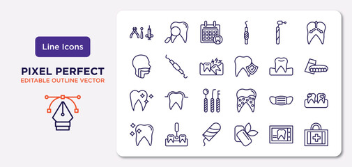 Fototapeta na wymiar dentist outline icons set. thin line icons such as dental hook, dentists drill tool, wisdom tooth, clean tooth, dentist mask, tampon, dental x ray, aid vector.