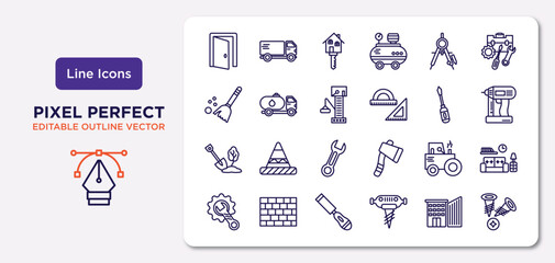 construction outline icons set. thin line icons such as doors open, drawing compass, big derrick with boxes, big shovel, steamroller, chisel, big building, two screws vector.