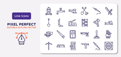 construction and tools outline icons set. thin line icons such as mechanic working, solder, staple gun, chop saw, soil, copper, iron soldering, drain vector.