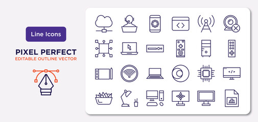 computer outline icons set. thin line icons such as cloud network, telecommunications, dvd drive, tablet tool, computer chip, pc with monitor, monitor screen, data analyser vector.