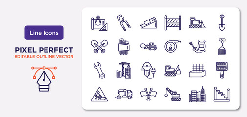 construction outline icons set. thin line icons such as construction plan, bulldozer, little snowplow, spanner, concrete,  ,  stairs with handle