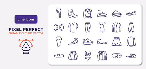 clothes outline icons set. thin line icons such as leggins, shutter sunglasses, chi pants, peplum skirt, circle skirt, lingerine, pilot sunglasses, sleepers vector.