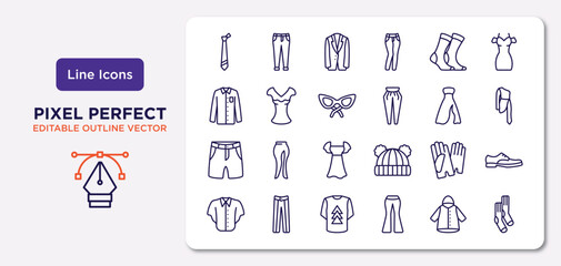 clothes outline icons set. thin line icons such as tie, women socks, cat eye glasses, chino shorts, leather gloves, t shirt with de, nylon jacket, men socks vector.