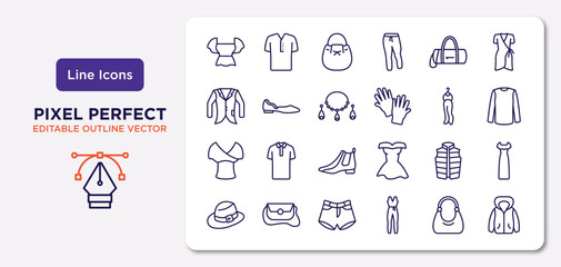 clothes outline icons set. thin line icons such as peplum top, barrel handbag, jewelry, draped top, padded vest, denim shorts, hobo bag, hooded jacket vector.
