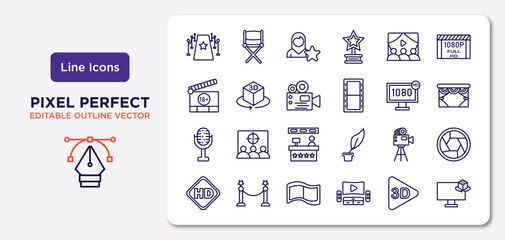 cinema outline icons set. thin line icons such as red carpet, people watching a movie, film viewer, studio mic, old projector, film negatives, 3d video, 3d television vector.
