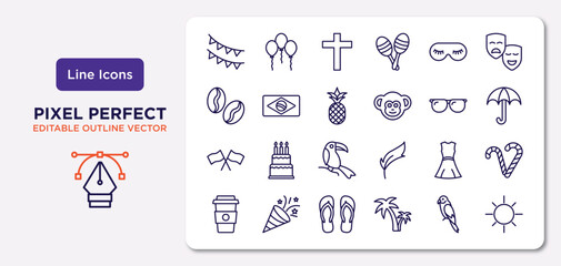 brazilia outline icons set. thin line icons such as garlands, eye mask, pine, flags, costume, flip flops, parrot, sun vector.