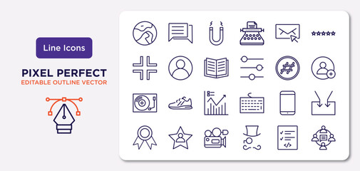 blogger and influencer outline icons set. thin line icons such as world, email, literature, vinyl, mobile, camcorder, script, communication vector.