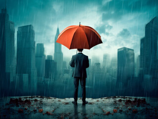Businessman is standing on the rooftop under umbrella. Rainy weather. skyscrapers city view background. Concept of business protection. Ai Generative illustration.