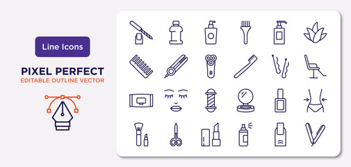 beauty outline icons set. thin line icons such as pedicure, shampoo bottle, electric shaver, wipes, nail polish, inclined lipstick, finger with nail, hair straightener vector.