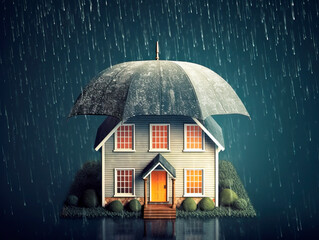 Home Insurance Concept. The House under umbrella. Protection from rain symbolizes the coverage offered by the insurance company. Ai Generative. - 611903366