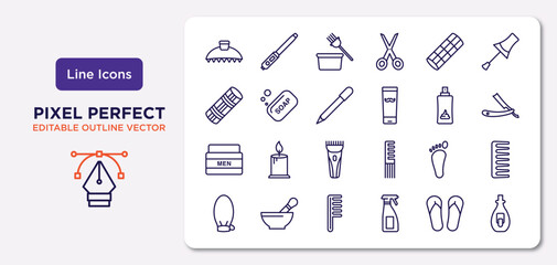 beauty outline icons set. thin line icons such as hair clamp, curler with pin, eye pencil, men cream, one foot, one comb, two flip flops, nail polish removal vector.