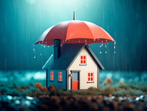 Home Insurance Concept. The House under umbrella. Protection from rain symbolizes the coverage offered by the insurance company. Ai Generative.