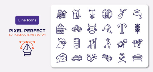 agriculture farming outline icons set. thin line icons such as farm, seed, ox, rooster, greenhouse, vegetable, smart farm, trough vector. © IconArt
