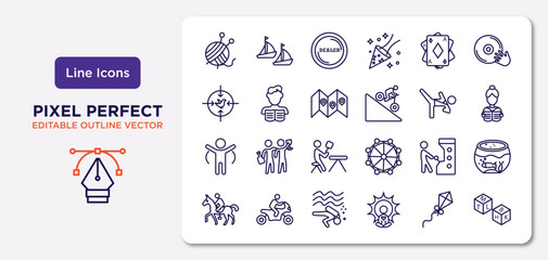 activity and hobbies outline icons set. thin line icons such as yarn ball, baccarat, travelling, warming up, pachinko, diving, flying a kite, boggle vector.