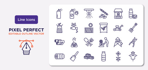 agriculture farming outline icons set. thin line icons such as sprayer, stall, farm field, wood logs, water tower, straw bale, vane, scarecrow vector.