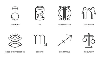 zodiac outline icons set. thin line icons such as antimony, tin, perseverance, friendship, gods omnipressence, scorpio, sagittarius, inequality vector.