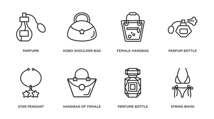 woman clothing outline icons set. thin line icons such as parfume, hobo shoulder bag, female handbag, parfum bottle, star pendant, handbag of female, perfume bottle, string bikini vector.