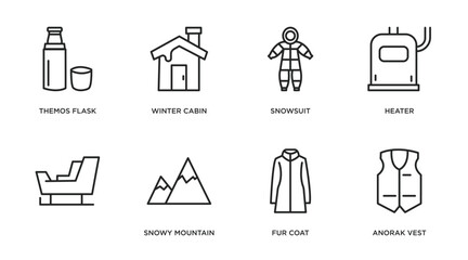 winter outline icons set. thin line icons such as themos flask, winter cabin, snowsuit, heater, , snowy mountain, fur coat, anorak vest vector.