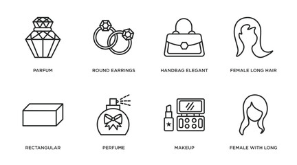woman clothing outline icons set. thin line icons such as parfum, round earrings, handbag elegant, female long hair, rectangular, perfume, makeup, female with long hair vector.