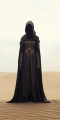 Alien figure with black cloak in the desert