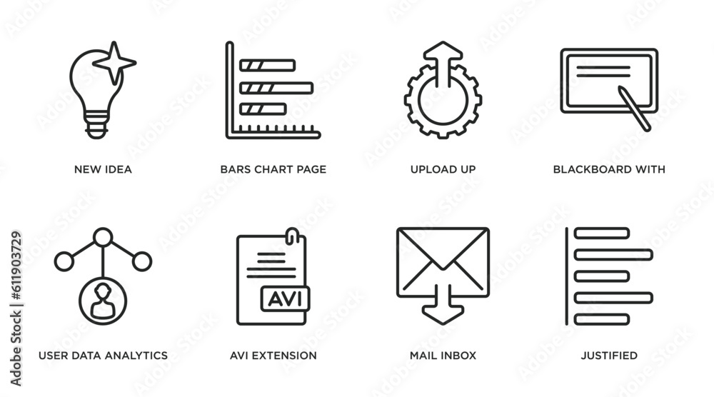 Poster user interface outline icons set. thin line icons such as new idea, bars chart page, upload up, blac