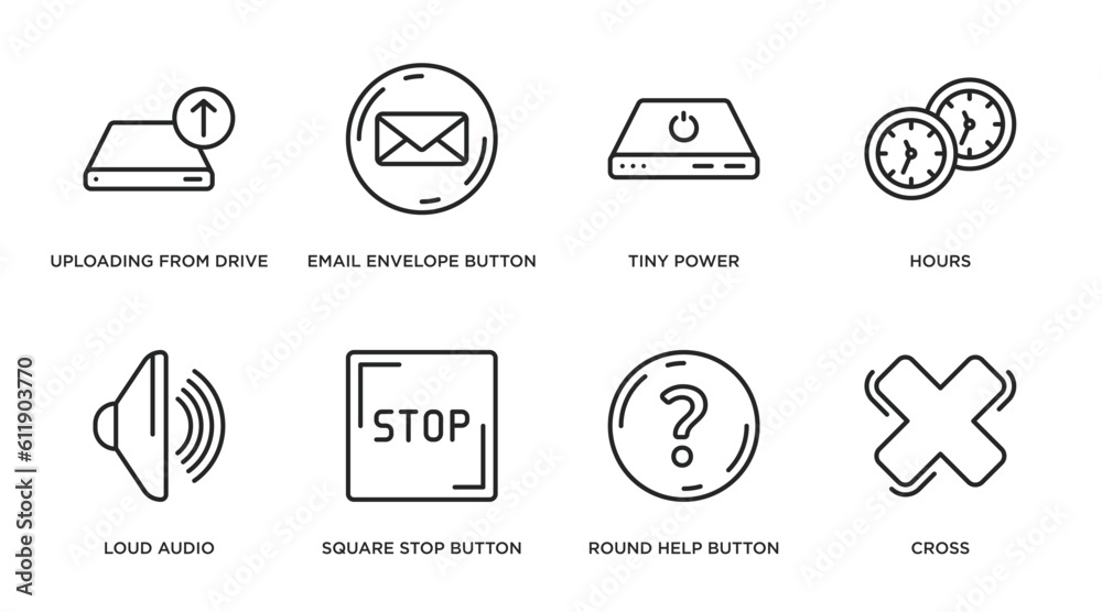 Poster user interface outline icons set. thin line icons such as uploading from drive, email envelope butto