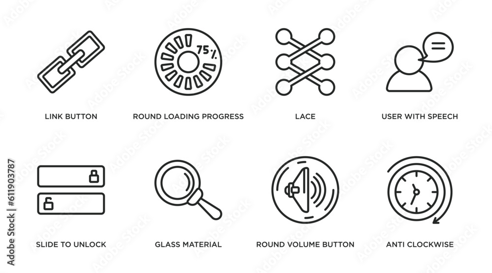 Poster user interface outline icons set. thin line icons such as link button, round loading progress, lace,