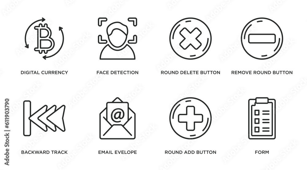 Poster user interface outline icons set. thin line icons such as digital currency, face detection, round de