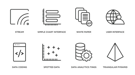 user interface outline icons set. thin line icons such as stream, simple chart interface, white paper, user interface, data coding, spotted data, data analytics tings, triangular pyramid vector.