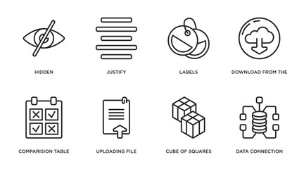 user interface outline icons set. thin line icons such as hidden, justify, labels, download from the cloud, comparision table, uploading file, cube of squares, data connection vector. - obrazy, fototapety, plakaty