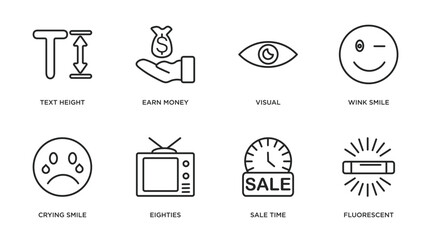 user interface outline icons set. thin line icons such as text height, earn money, visual, wink smile, crying smile, eighties, sale time, fluorescent vector.