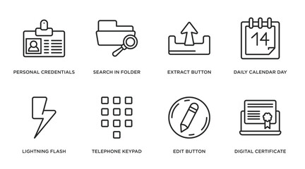 user interface outline icons set. thin line icons such as personal credentials, search in folder, extract button, daily calendar day 14, lightning flash, telephone keypad, edit button, digital