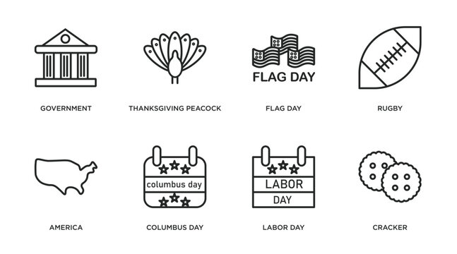 united states of america outline icons set. thin line icons such as government, thanksgiving peacock, flag day, rugby, america, columbus day, labor day, cracker vector.