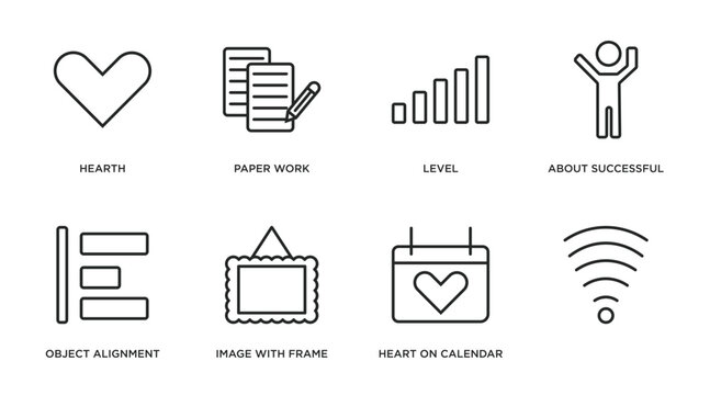 user interface outline icons set. thin line icons such as hearth, paper work, level, about successful man, object alignment, image with frame, heart on calendar, vector.