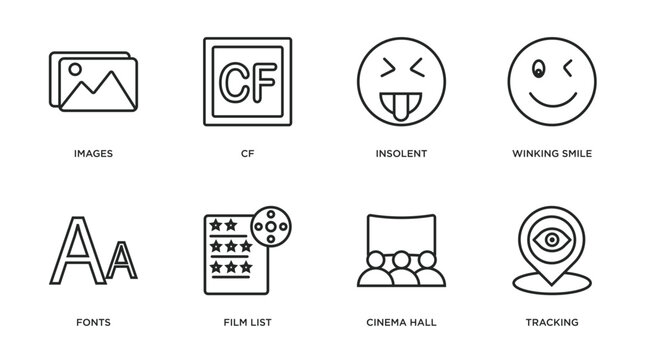 user interface outline icons set. thin line icons such as images, cf, insolent, winking smile, fonts, film list, cinema hall, tracking vector.