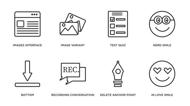 user interface outline icons set. thin line icons such as images interface, image variant, test quiz, nerd smile, bottom, recording conversation, delete anchor point, in love smile vector.