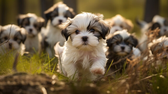 Group of Shih Tzu puppies running