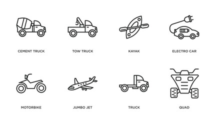 transportation outline icons set. thin line icons such as cement truck, tow truck, kayak, electro car, motorbike, jumbo jet, truck, quad vector.