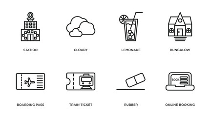 travel outline icons set. thin line icons such as station, cloudy, lemonade, bungalow, boarding pass, train ticket, rubber, online booking vector.